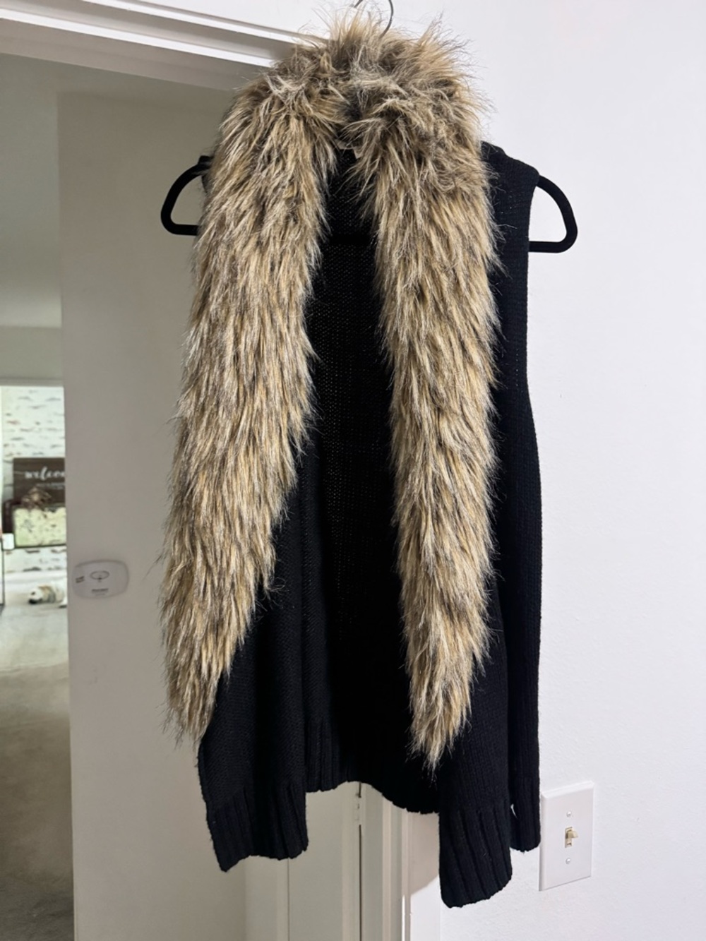 BB Dakota Black Knit Vest with Faux Fur Trim in Brown